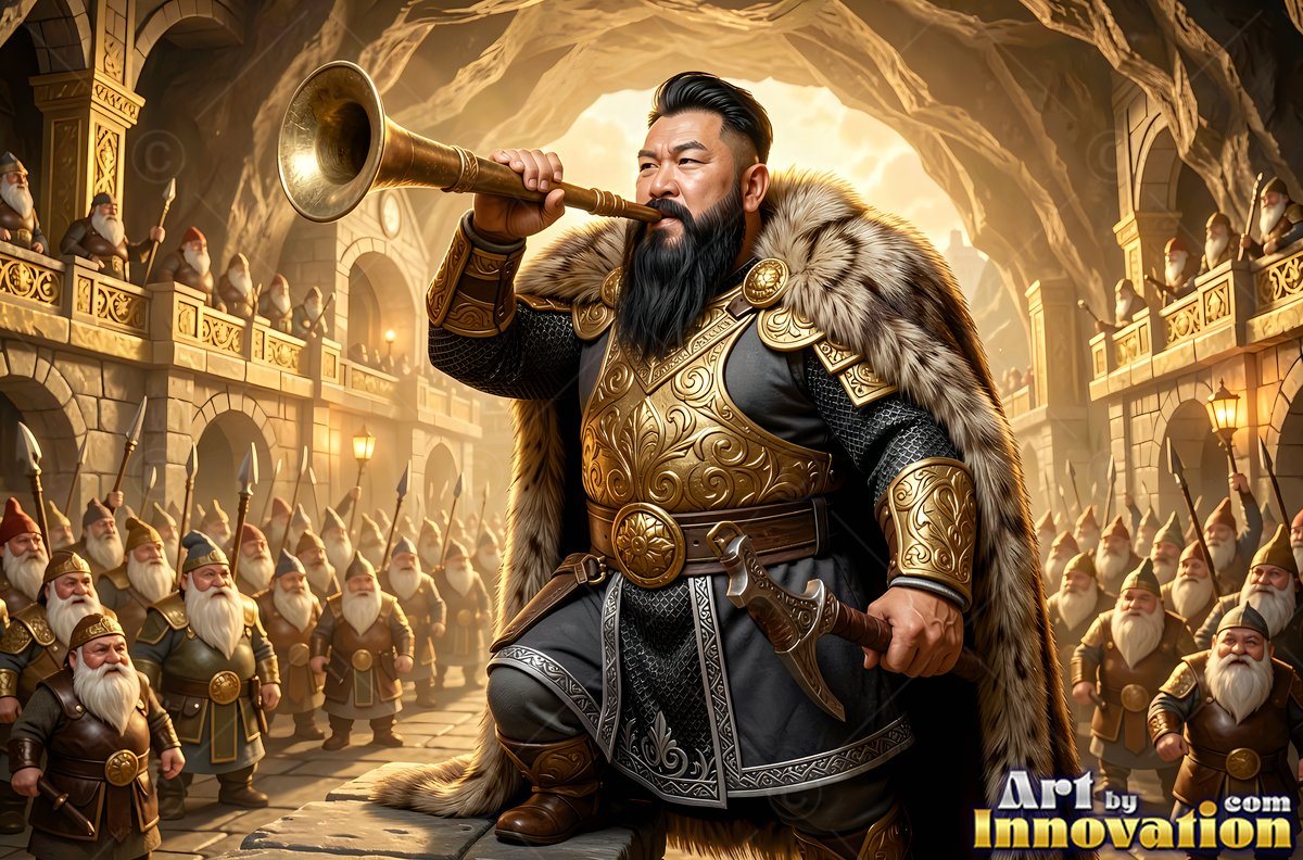 Blowing a brass horn, a bearded dwarf man stands in front of small soldiers in a stone hall