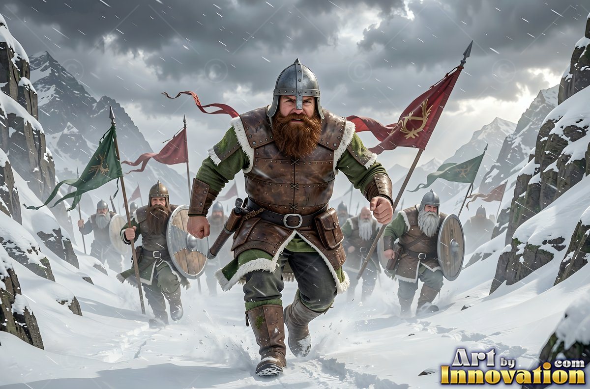 Bearded dwarf men in armor running through snowy mountains