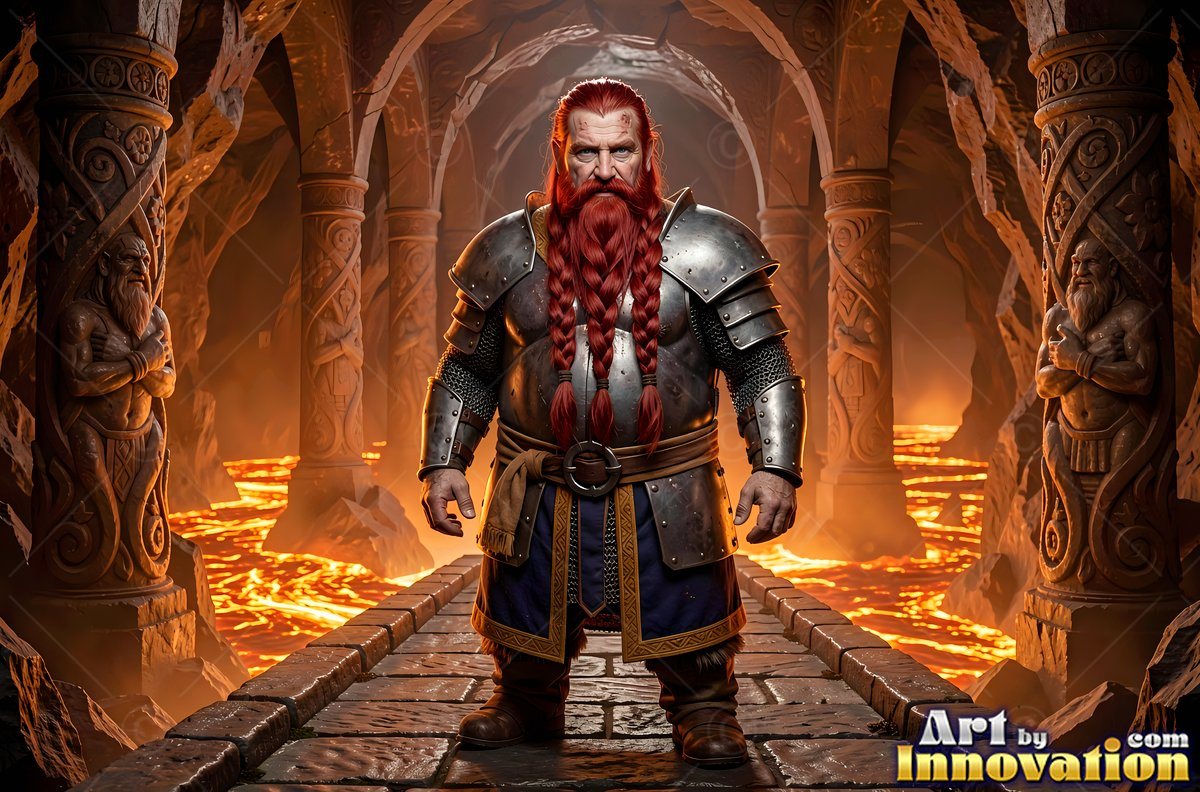 Red braided beard hanging over plate armor, a dwarf man stands on a stone path above lava