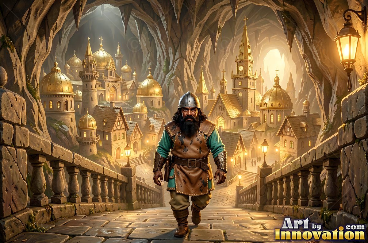 A dwarf man walks on a stone bridge away from a city under warm yellow light