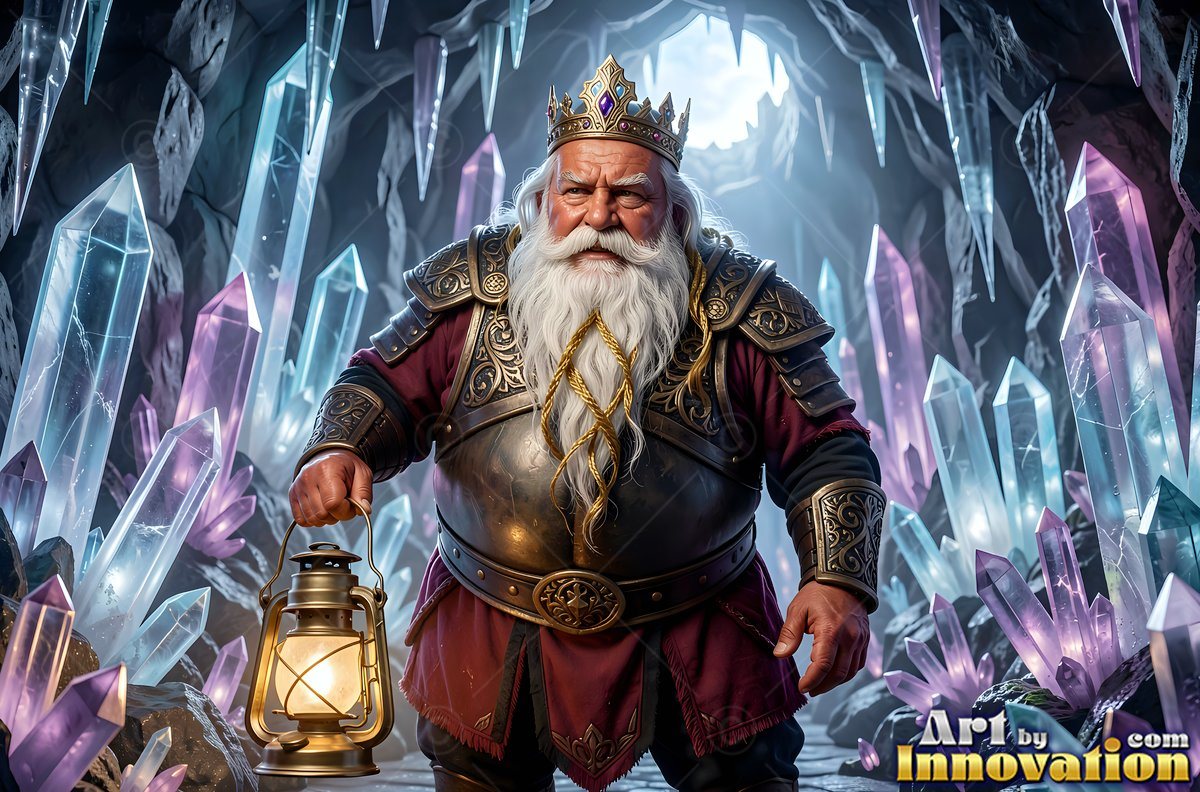 Walking forward in a cave, a bearded dwarf man holds a lantern by purple crystals