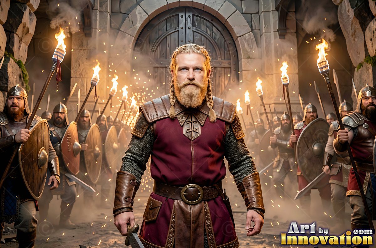 A blond male figure with a beard in red armor leads an army of men carrying shields and torches