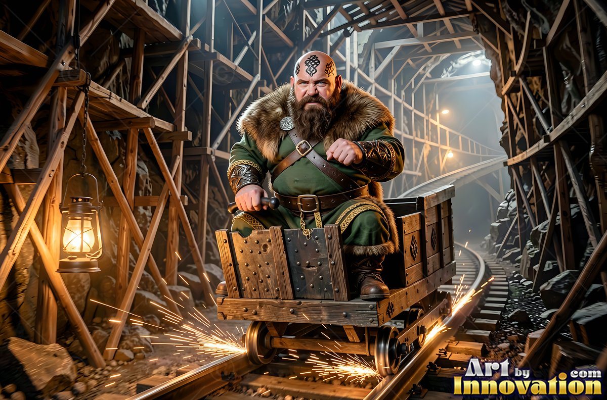 In a timber mine tunnel, a dwarf man with a beard rides a speeding wooden cart