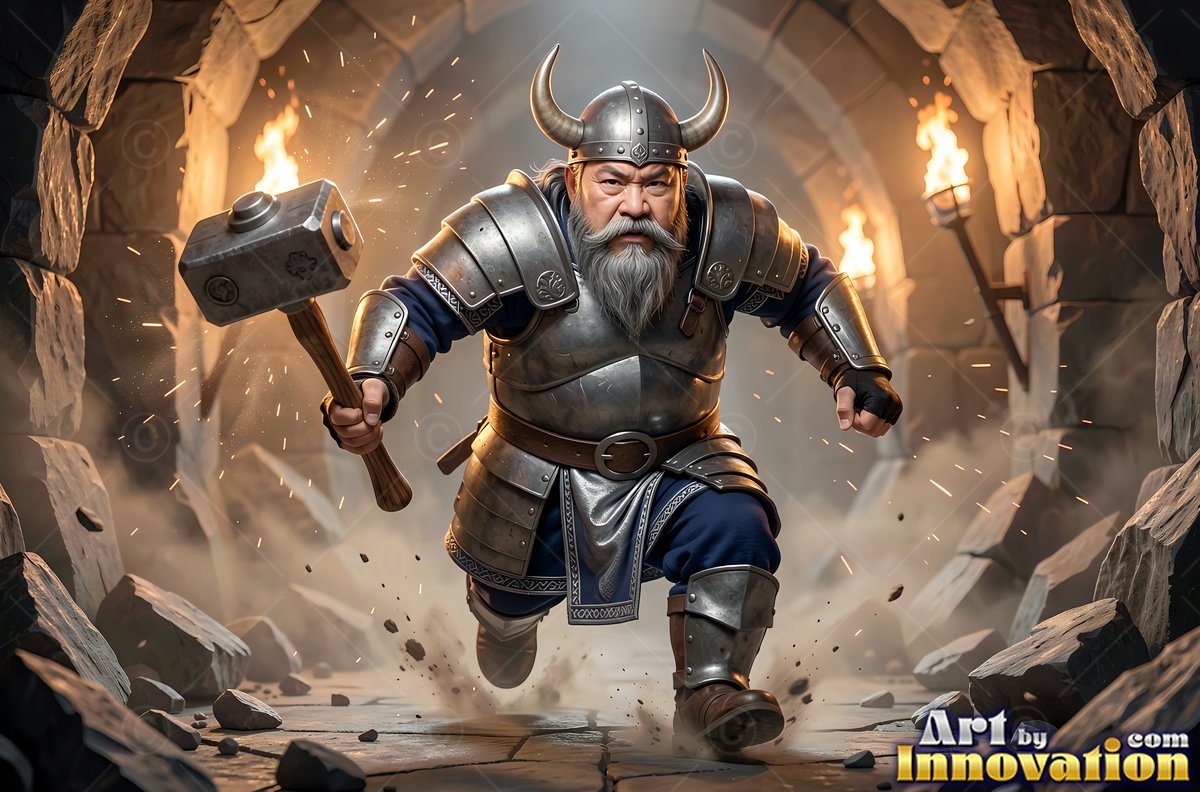 Running with a war hammer, an armored dwarf man charges through a stone tunnel torchlight path