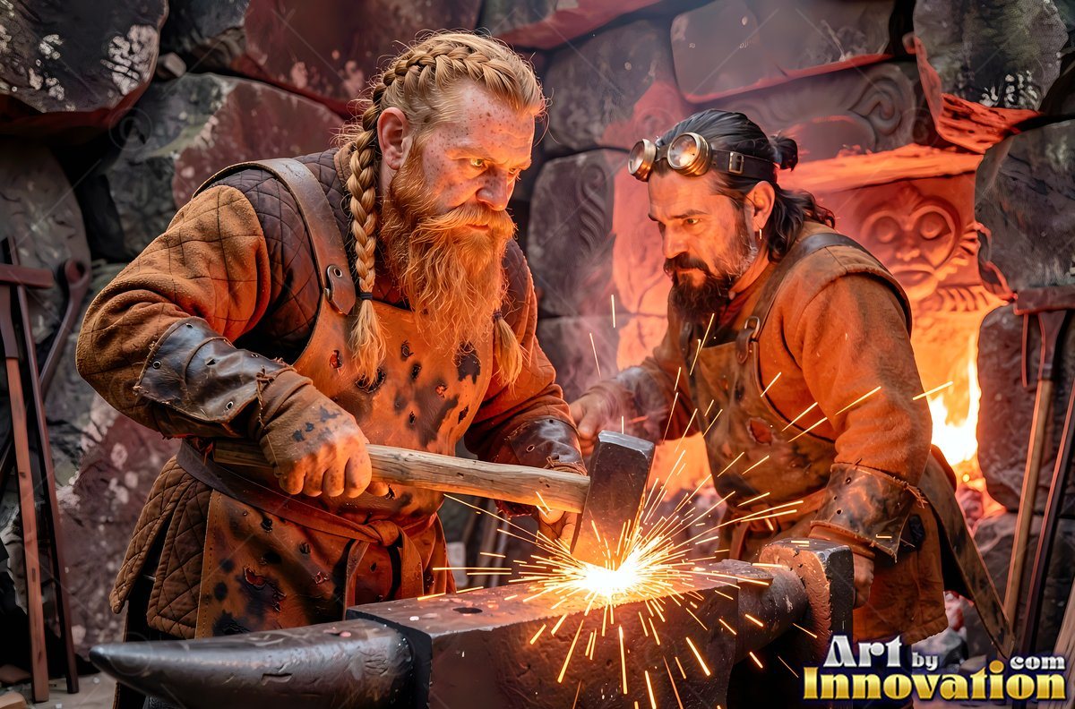 Two dwarf blacksmith men strike hot iron on an anvil in a forge workshop