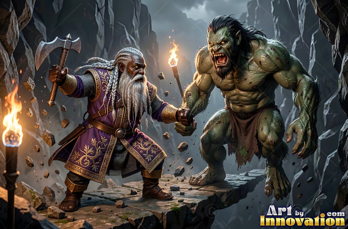 In a purple tunic inside a dark cave, a dwarf man raises an axe before an angry green monster