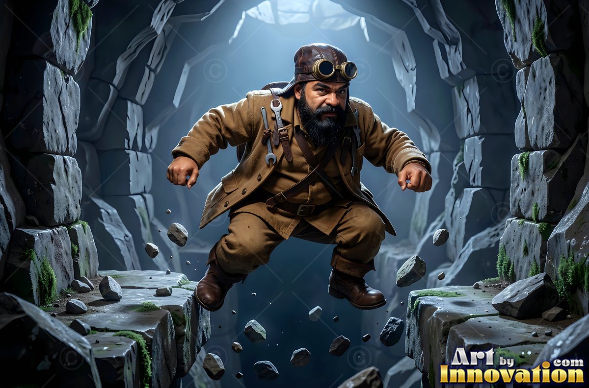 A dwarf man with a beard leaps across a stone chasm under cool blue light from above