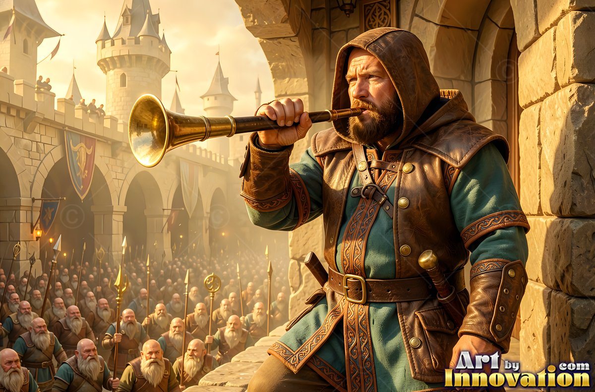 Standing on a castle balcony, a hooded dwarf man blows a brass horn above a crowd