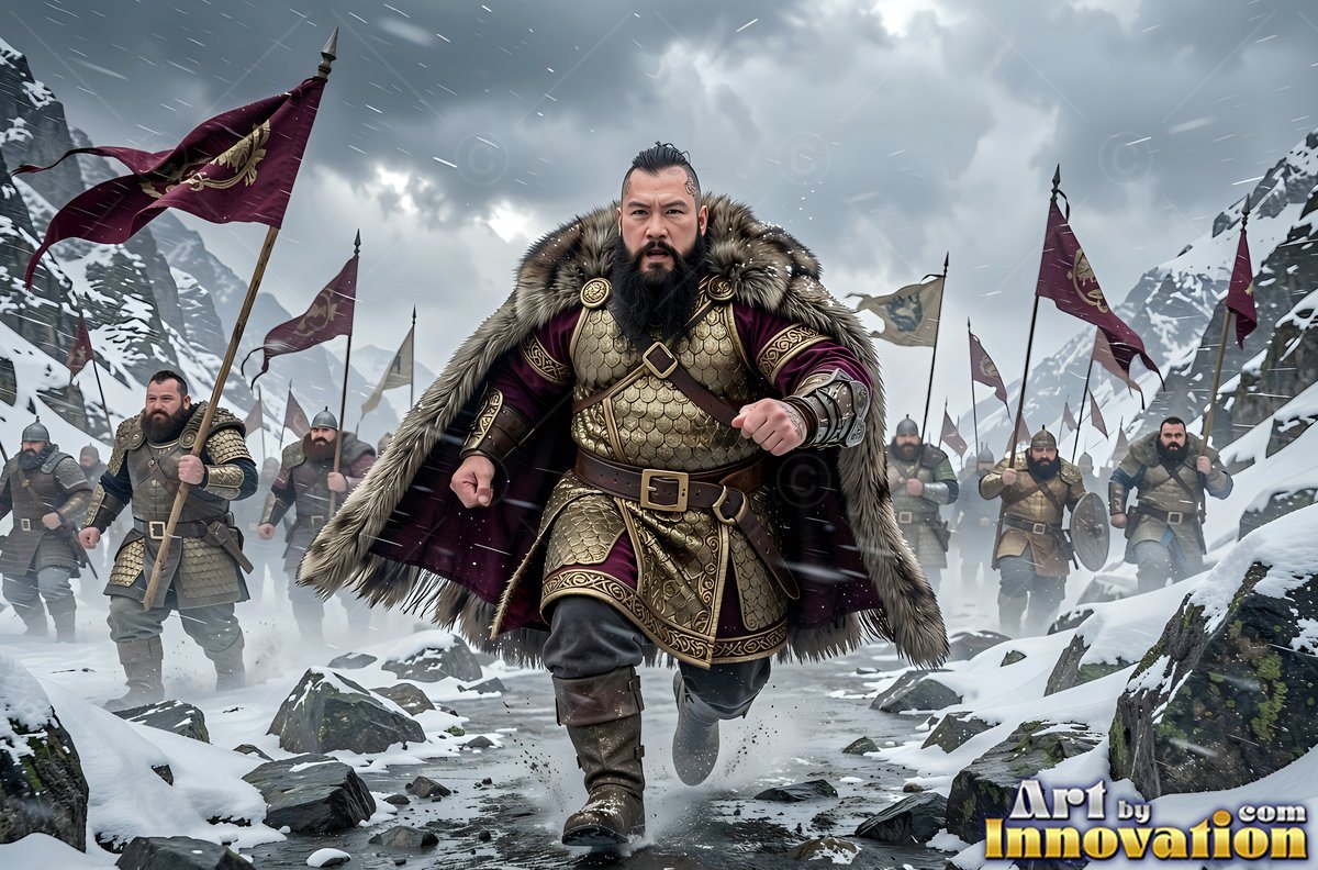 Bearded dwarf men in fur capes and armor run down a snowy mountain path