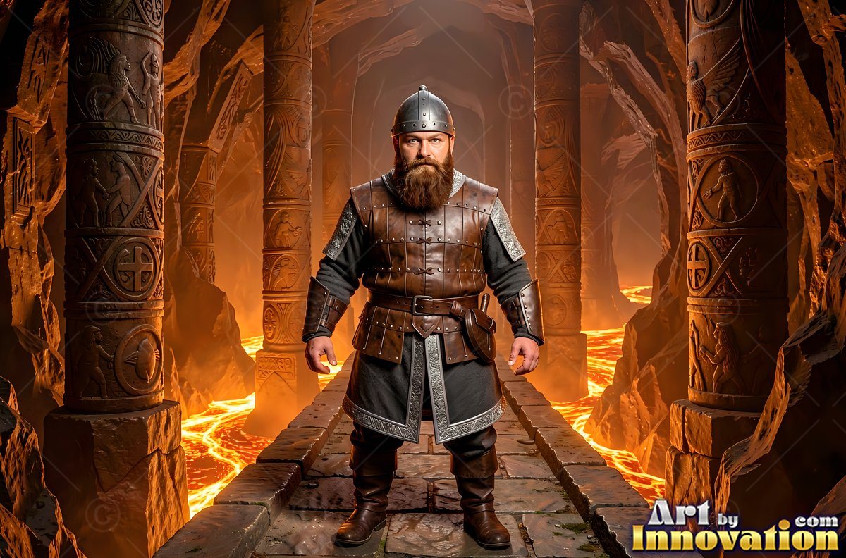 In a stone hall above orange lava, a bearded dwarf man stands in leather armor