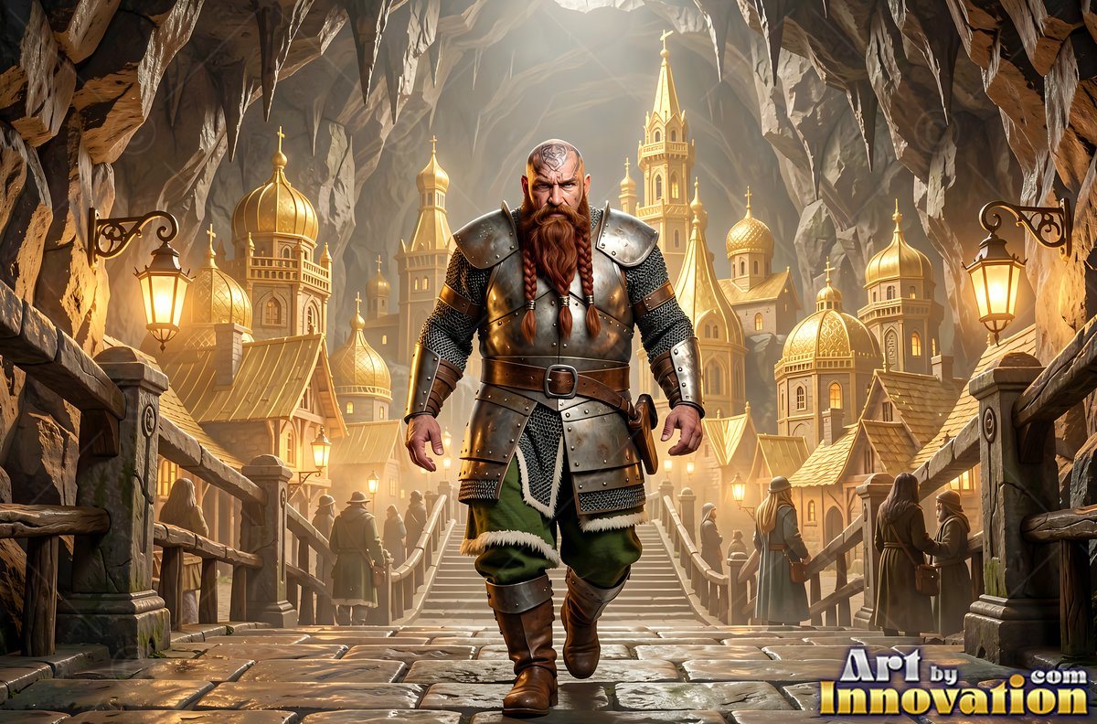 Walking forward across a stone bridge, an armored dwarf man leaves a golden city