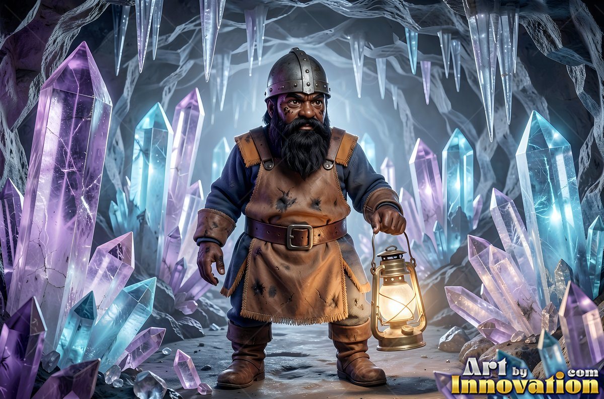 Bearded dwarf man with a lantern walks past purple crystals