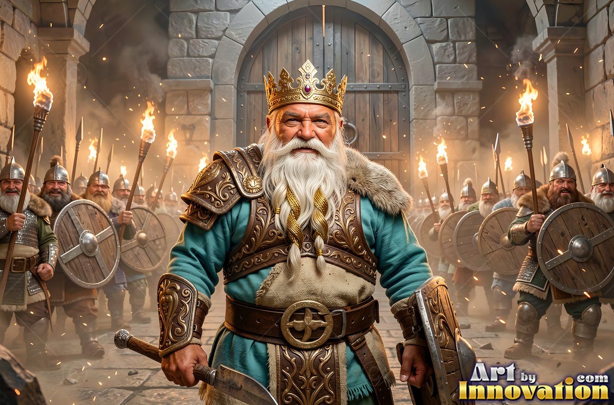A crowned dwarf man in carved armor stands before a stone gate with armed guards