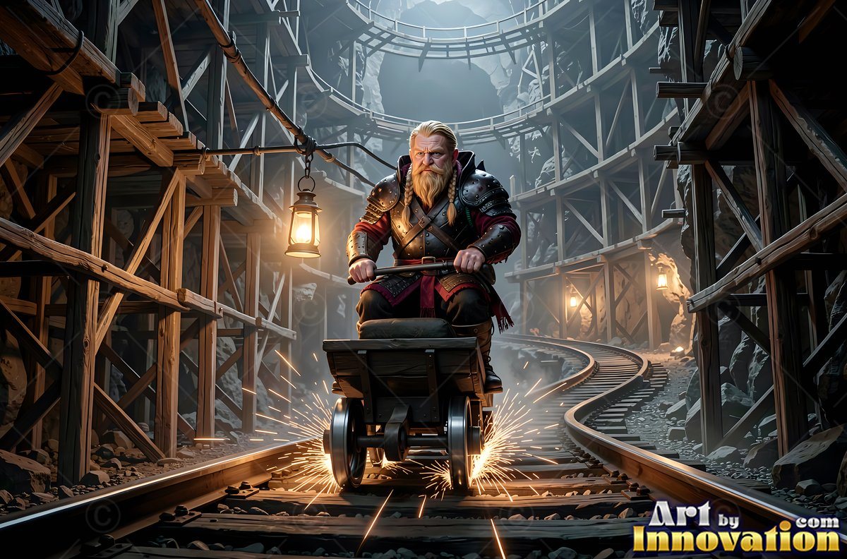 A dwarf man rides a mine cart down tracks as sparks fly from the iron wheels