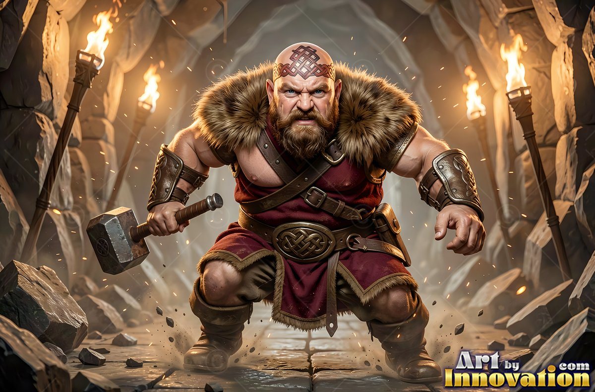 Crouched low in a torchlit stone tunnel, a broad dwarf man grips a heavy hammer