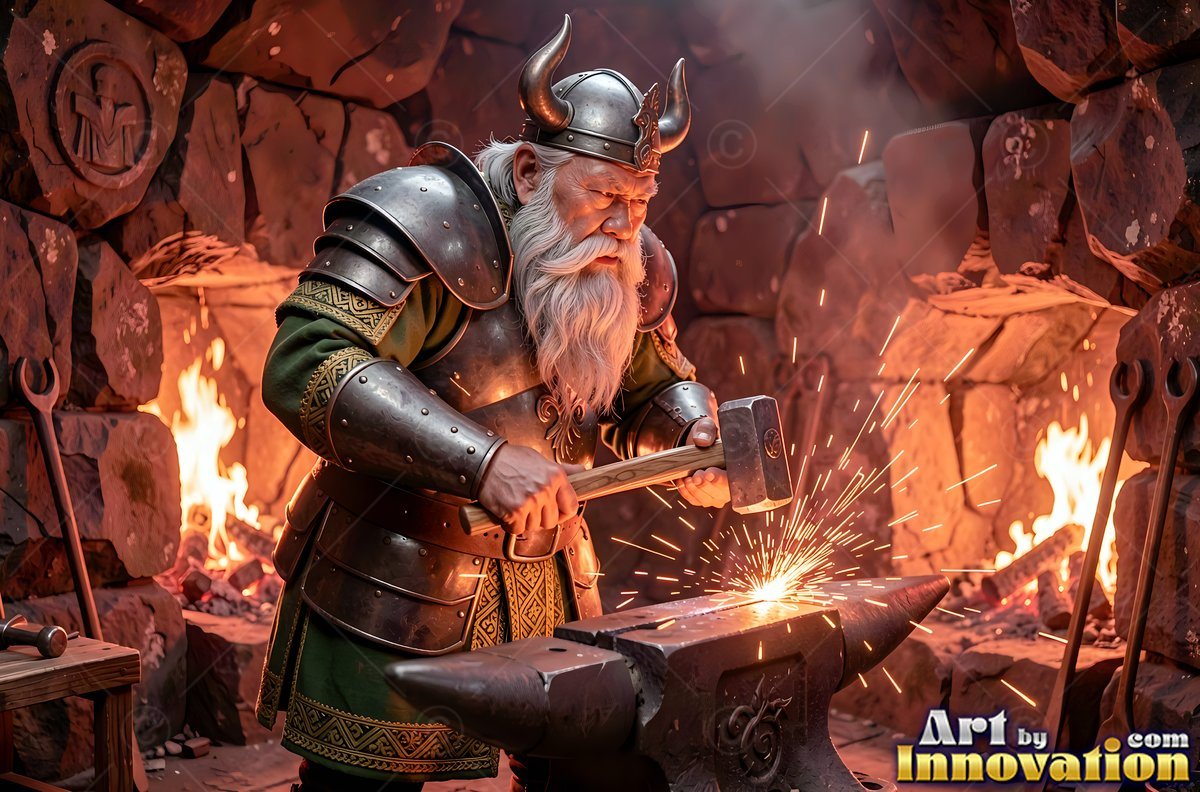 An armored man with a beard hammers hot metal on an anvil near a stone forge fire