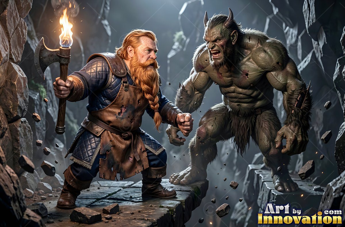 In a dark stone cave, a red-dwarf man holds a flaming axe before a horned beast