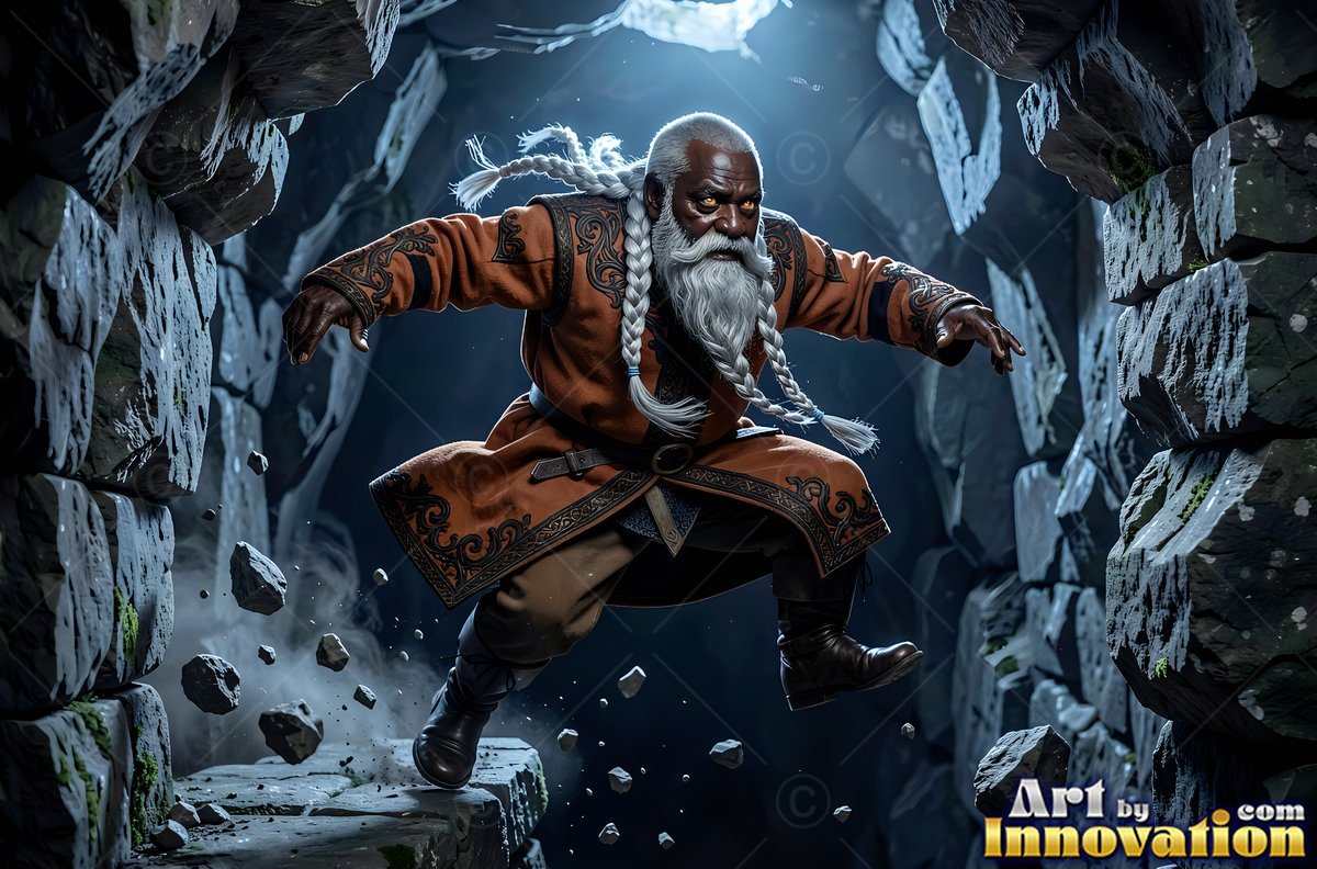 Leaping through a stone tunnel, a bearded dwarf man wears an orange coat