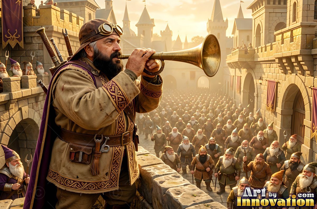A man with a beard blows a brass horn above a crowd of men in a stone city