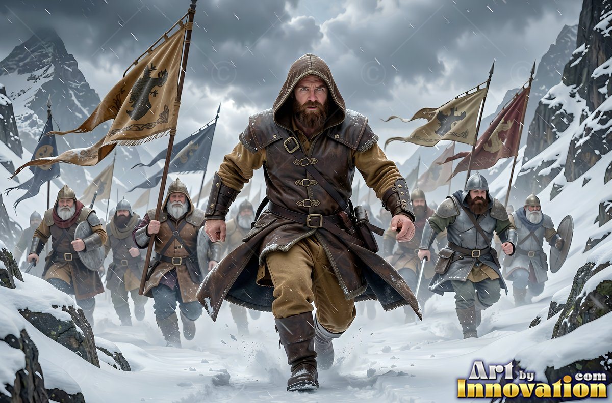 A hooded leather coat on a bearded dwarf man running through snowy mountains with an army