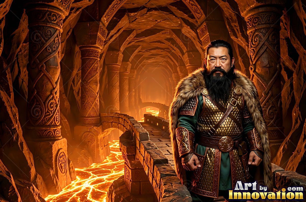 A man with a beard stands on a stone bridge above orange lava flowing in a dark cave tunnel