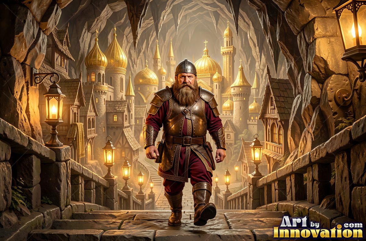 Walking forward, an armored dwarf man steps along a stone bridge in a cave city