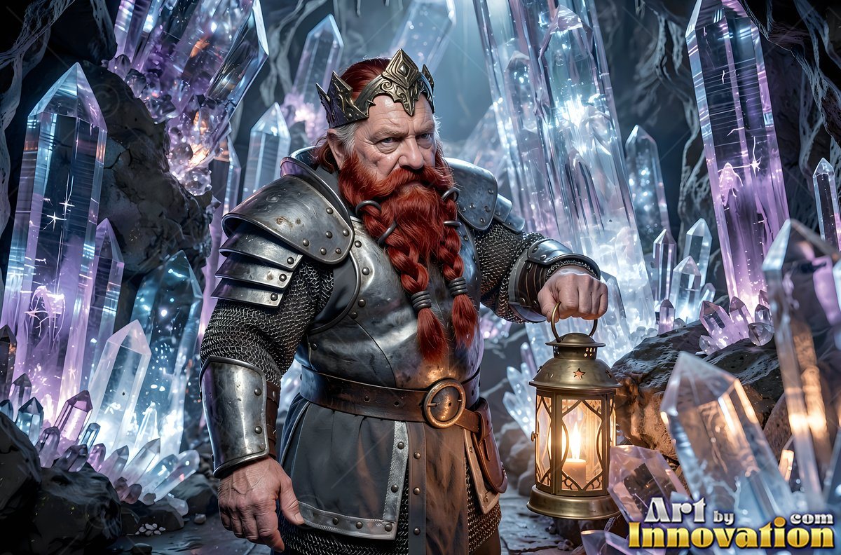 A red-dwarf man with a beard in metal armor holds a brass lantern inside a cave of tall purple crystals