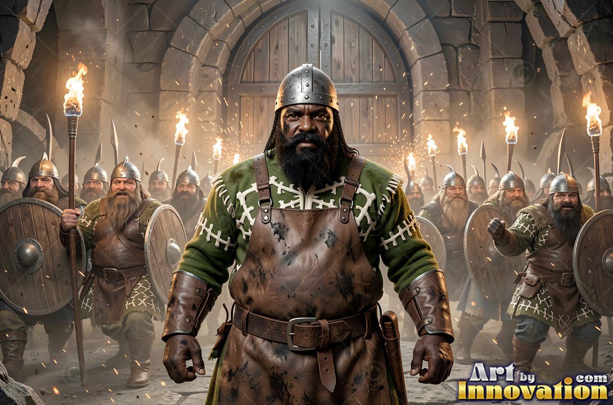 Before stone gates, a dwarf man in a leather apron leads armed men with torches