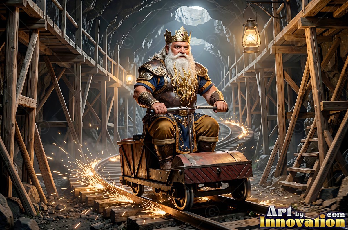 Riding a mine cart down wooden tracks, a crowned dwarf man steers through a dark mine tunnel