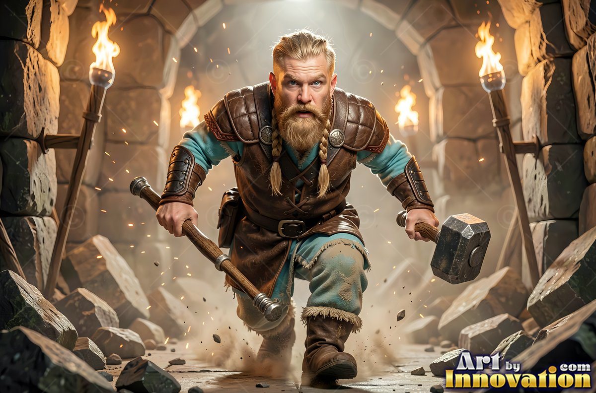 A bearded dwarf man runs through a stone tunnel with a hammer