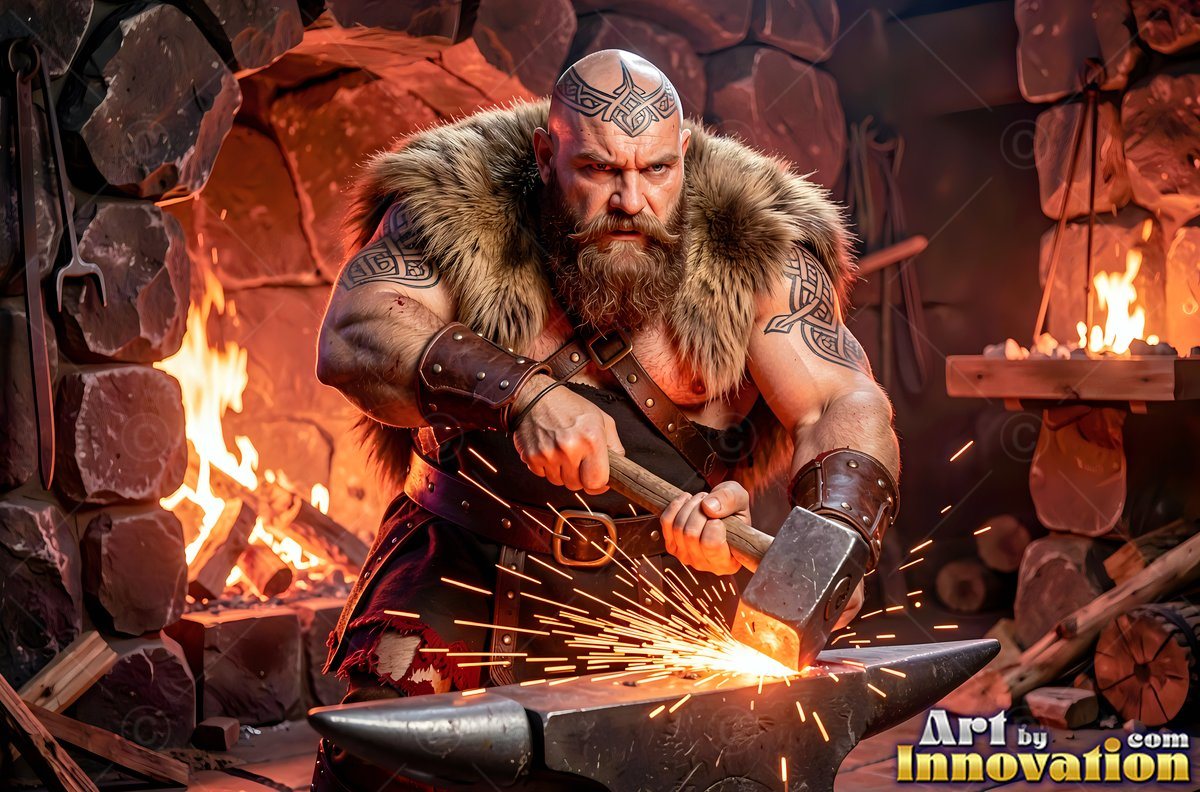 Tattooed and clad in fur, a muscular bearded man hammers hot iron by a stone forge