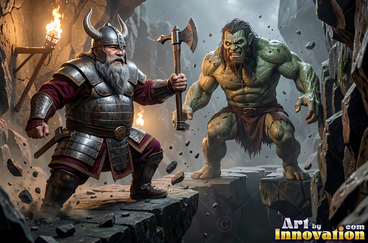 An armored dwarf man raises an axe against a green orc under warm torchlight