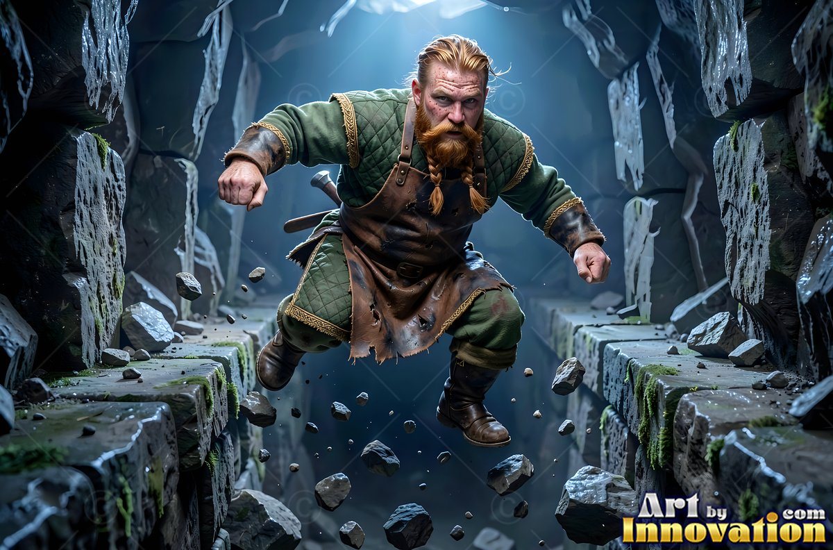 Leaping forward through a stone tunnel, a man with a beard wears a green tunic