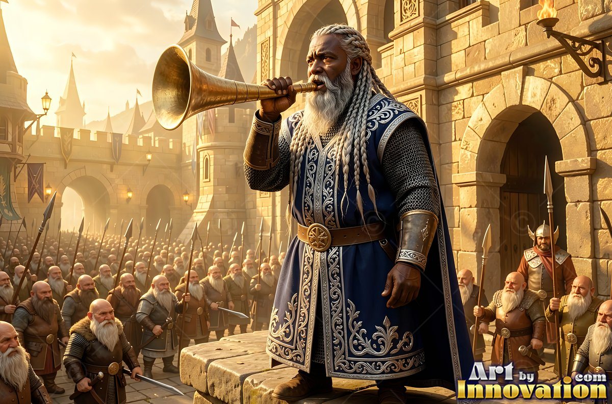 A man with a beard in a blue coat blows a gold horn before an army of men