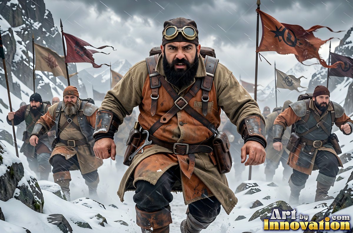 On a snowy mountain, bearded dwarf men march forward with banners in the cold wind