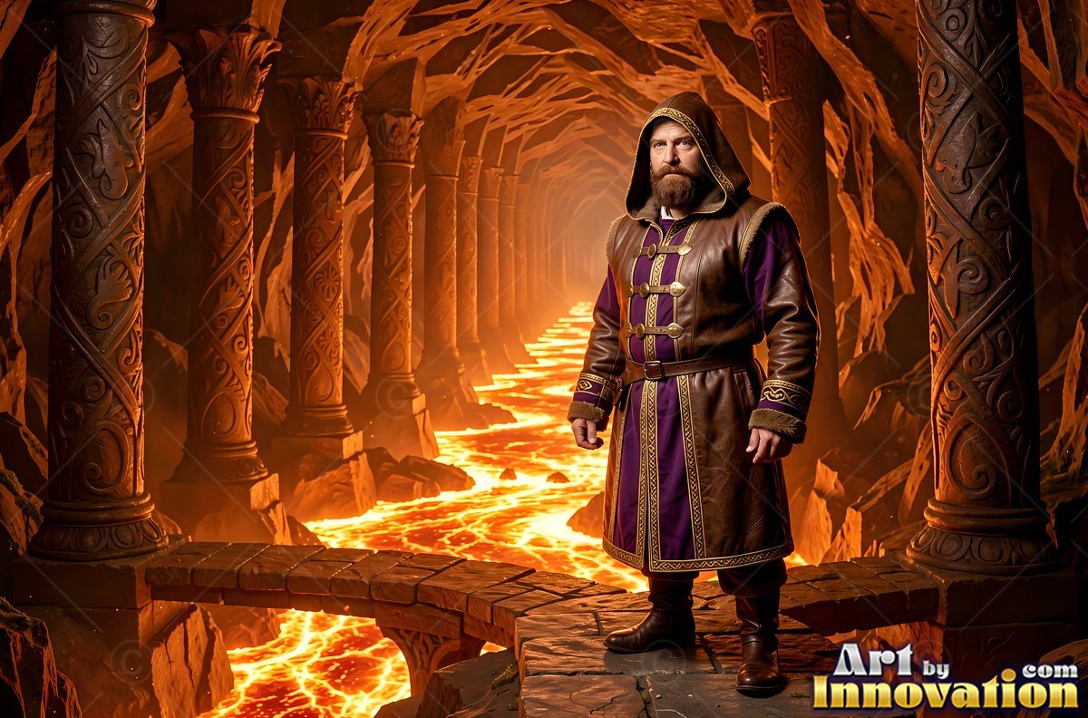 Standing on a stone bridge, a bearded man in a brown hood watches a river of lava
