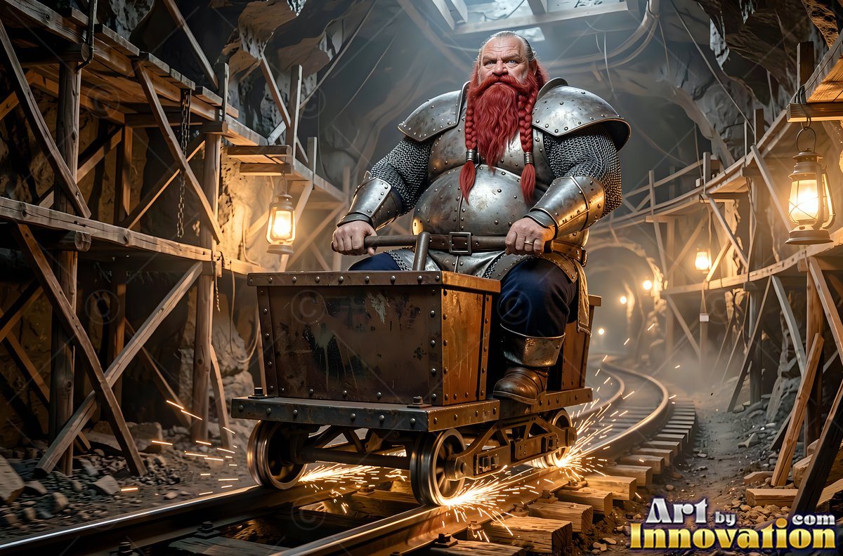 A stout dwarf man in armor rides a rusty mine cart down a tunnel track