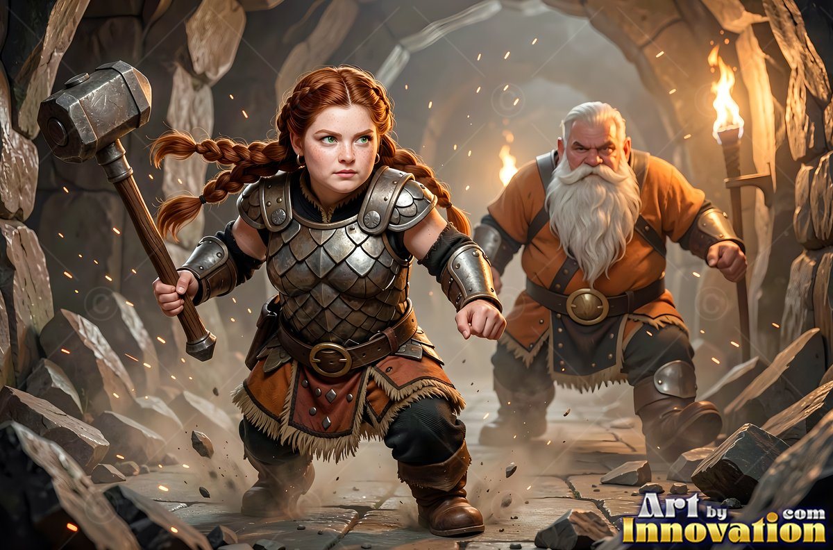 Braided red hair frames a dwarf woman beside an older dwarf man in a torchlit stone mine