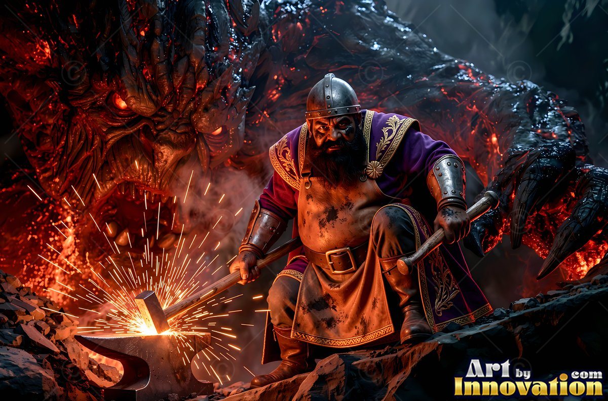A stout bearded man hammers on an anvil, throwing bright orange sparks into the dark