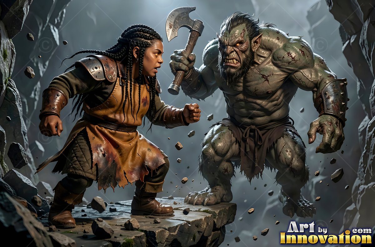 Crouching in a rocky cave, a dwarf man in an apron faces a gray troll with an axe