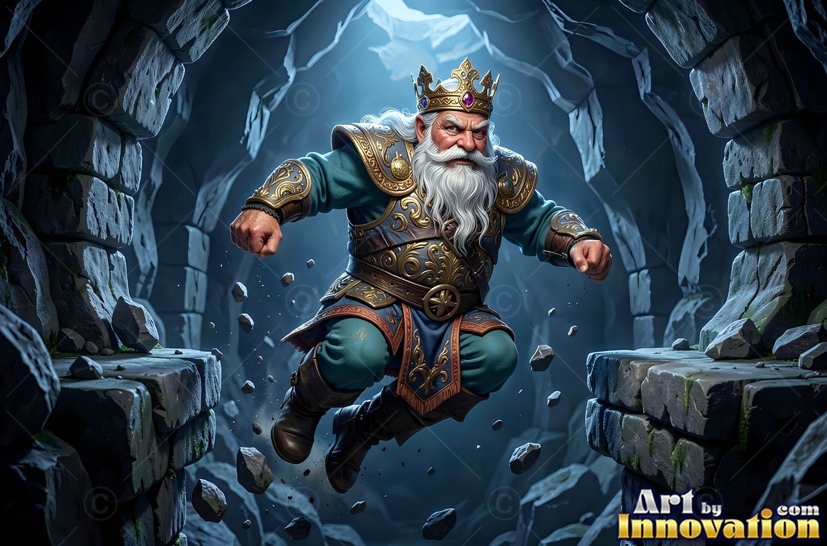 An older man in armor jumps over a stone pit in a cave tunnel