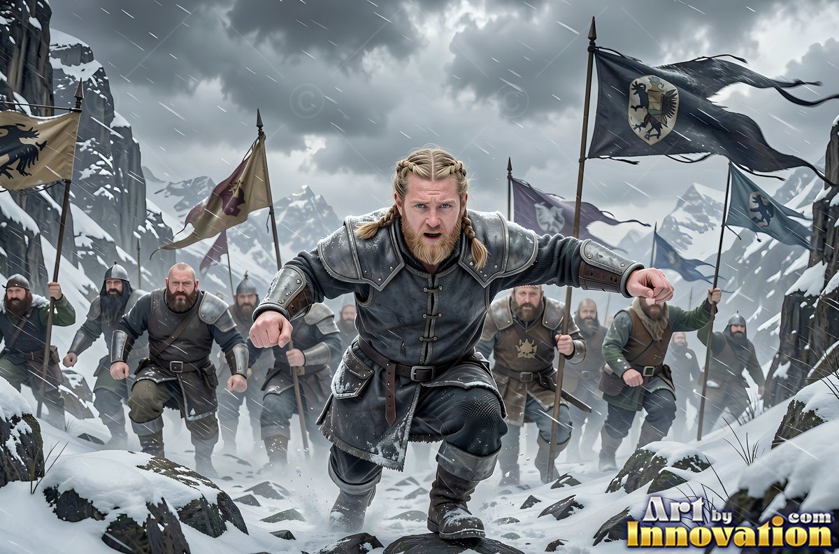 Charging through snowy mountains, a blond dwarf man leads an army of dwarf men with black flags