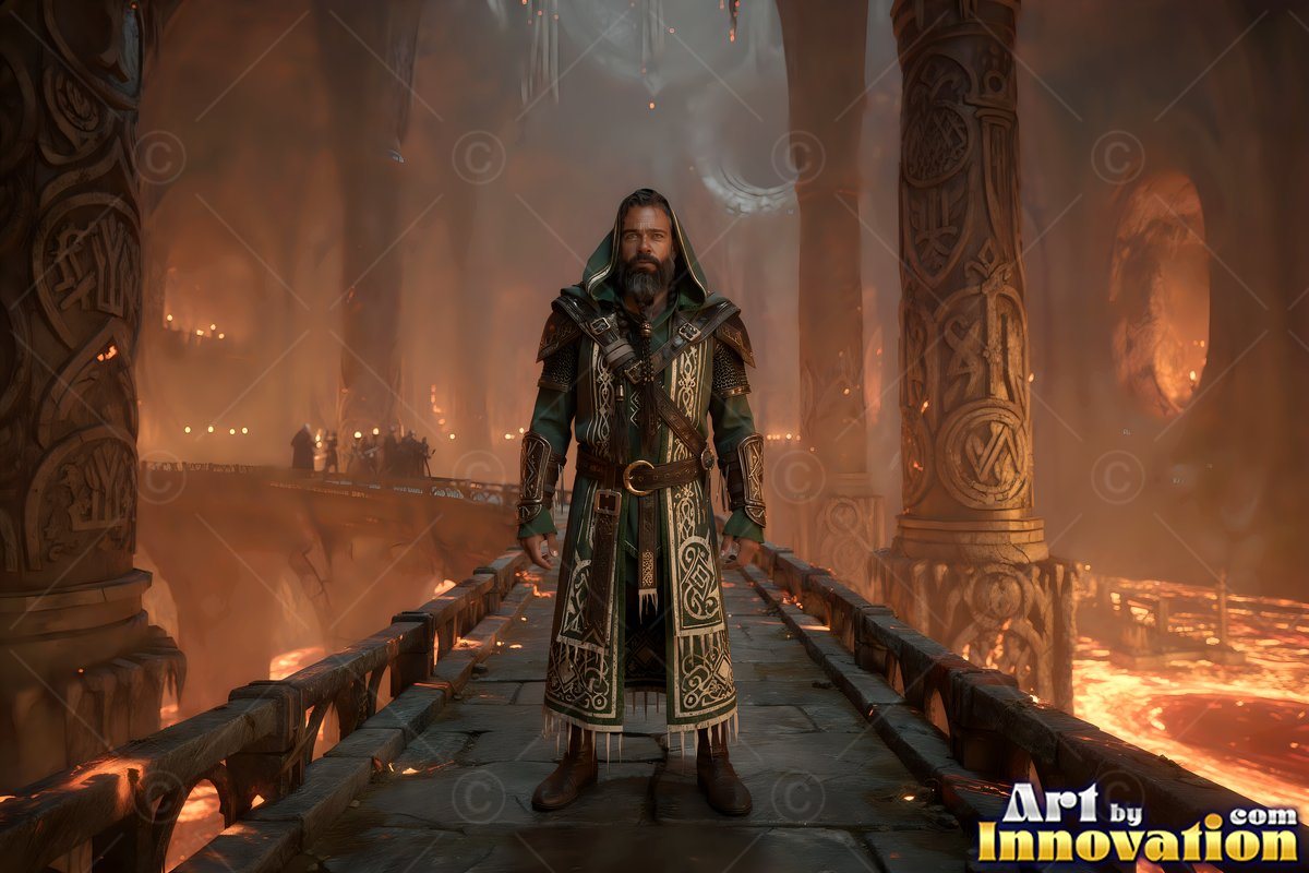 A bearded man in a hooded coat stands on a stone bridge over lava
