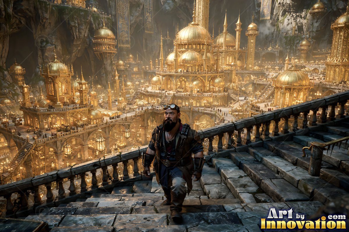 Goggles on his head, a man with a beard walks down stone stairs above a golden cave city