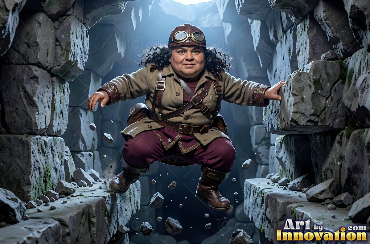 A dwarf man leaps down a stone shaft, caught in cool blue daylight from above