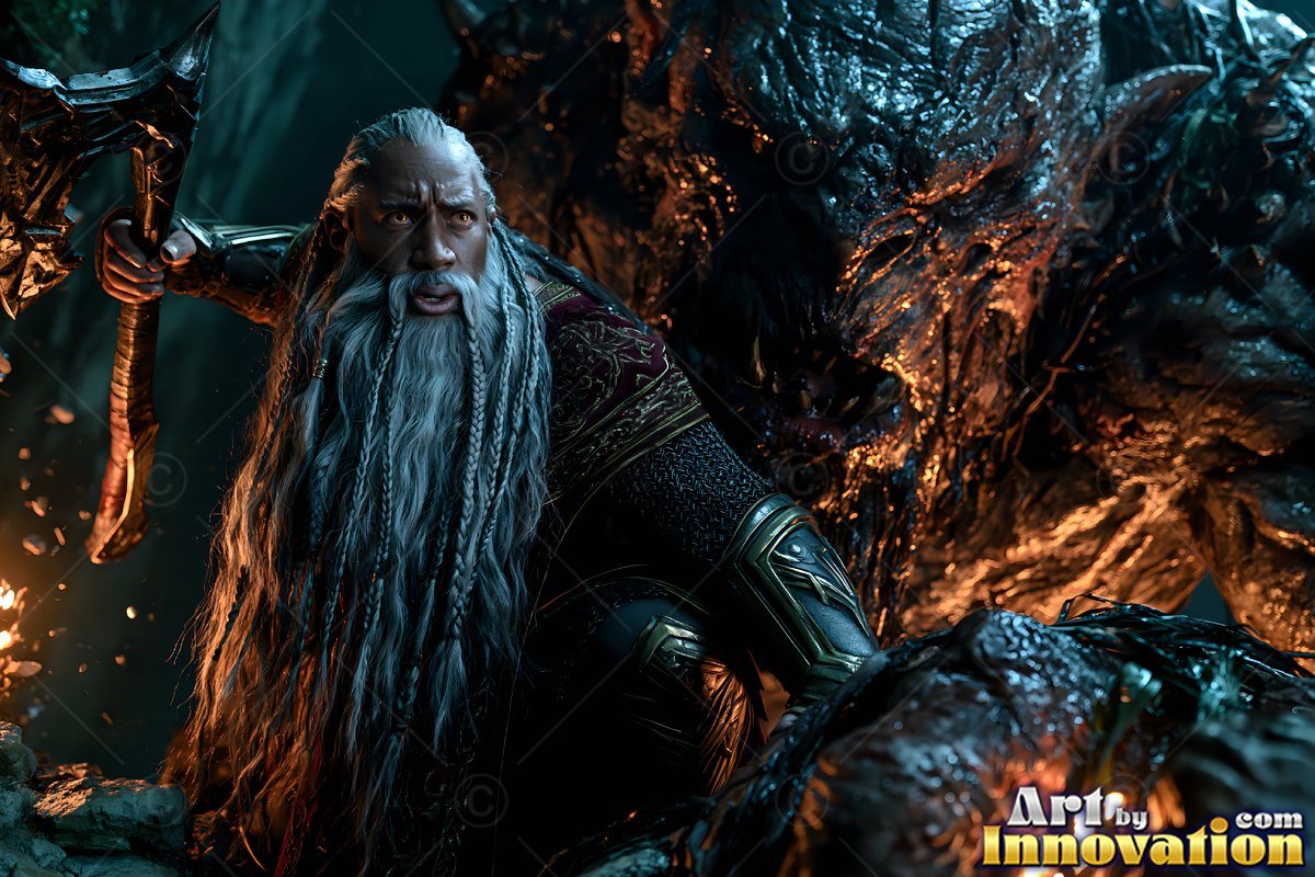 Crouching in a dark cave, a dwarf man with a beard raises an axe against a rock monster