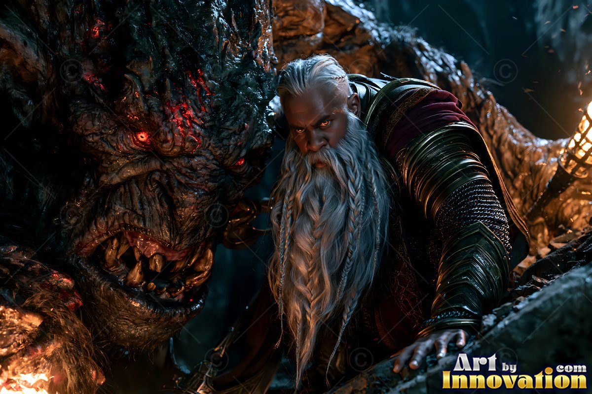 An armored dwarf man with a long white beard stands next to a rock monster