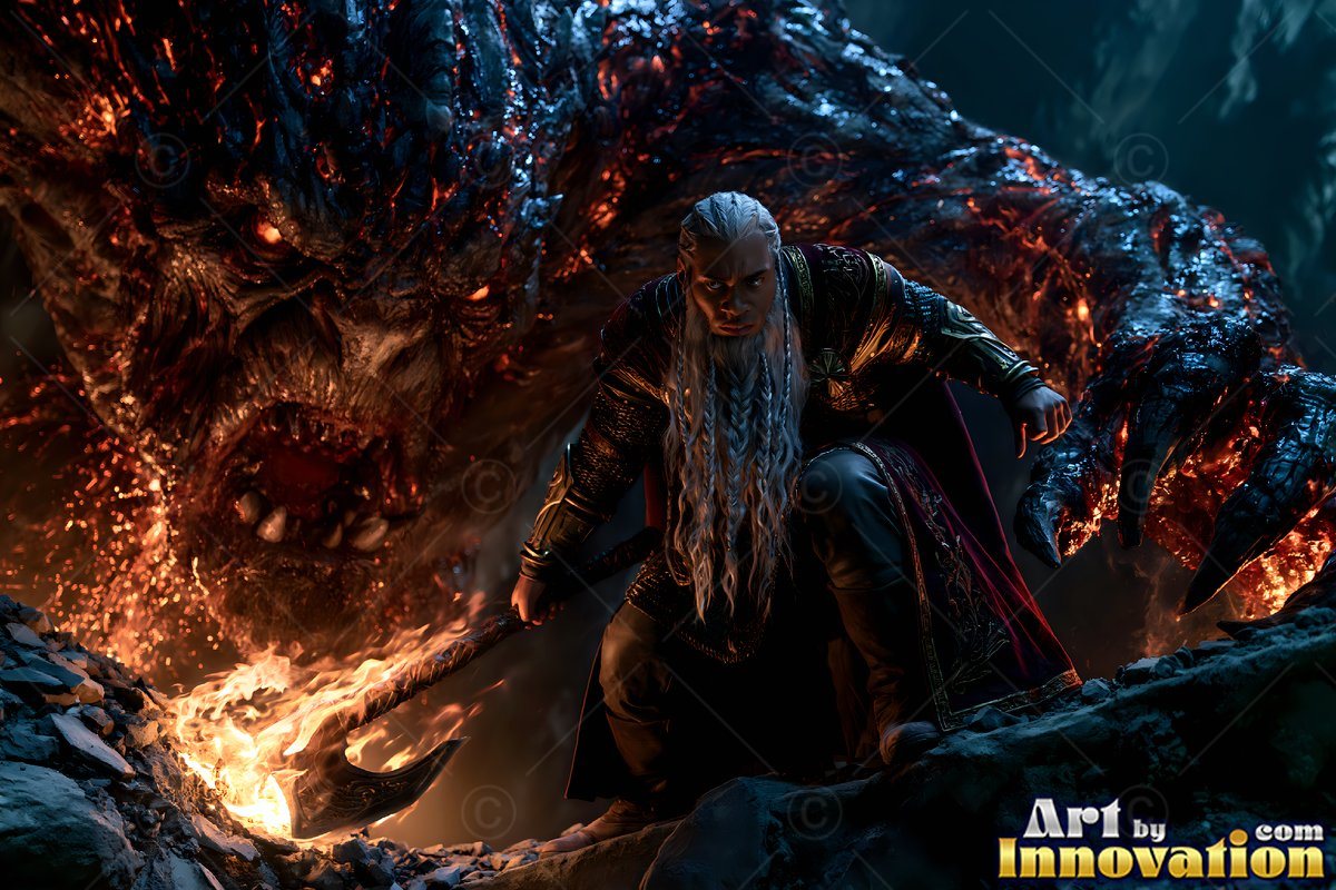 In a dark cavern, an older bearded man kneels with an axe near a fiery monster