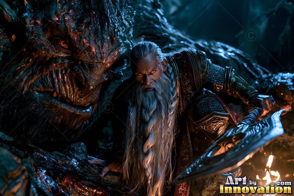 Crouching with an axe, an armored dwarf man with a long white beard hides beside a troll
