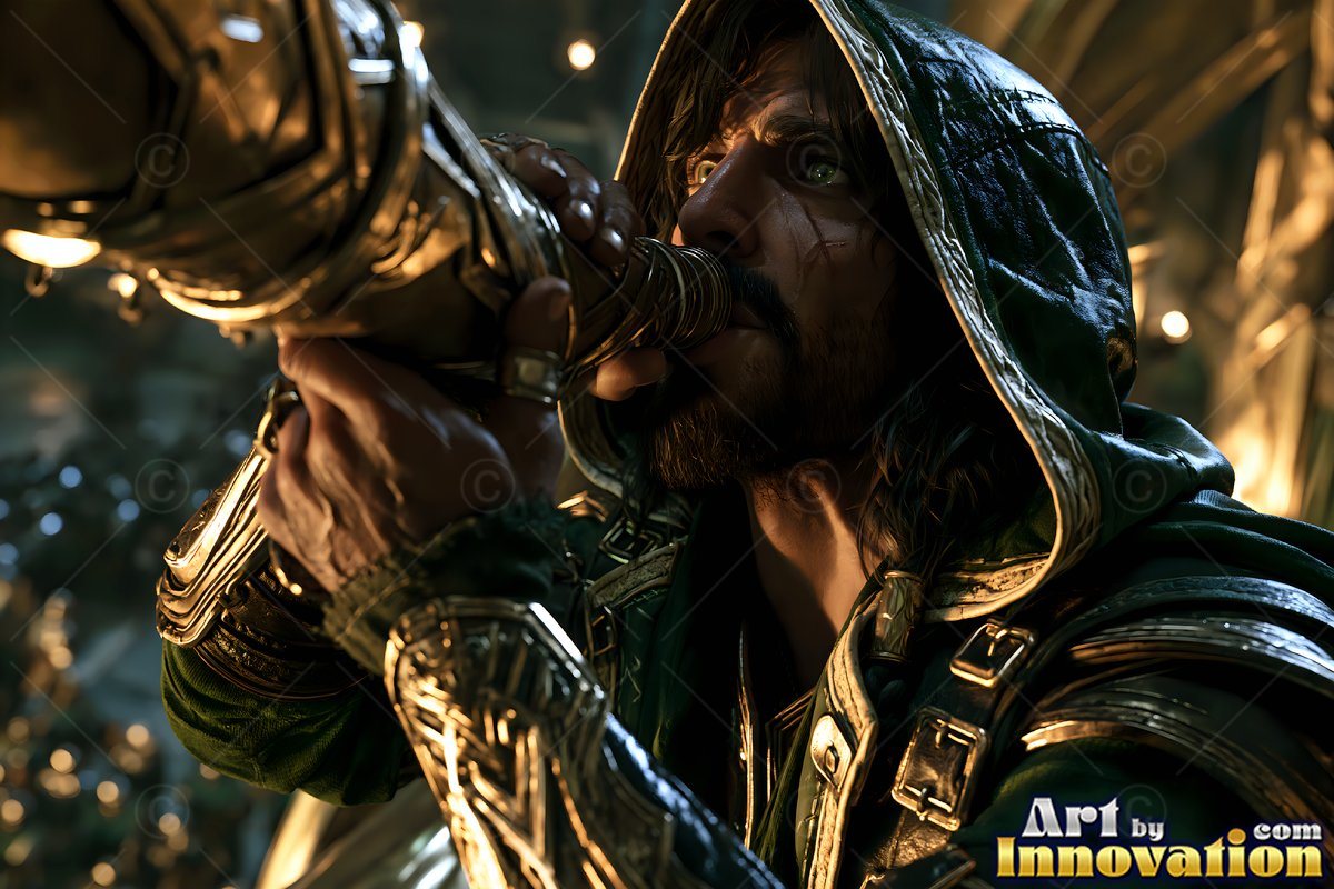 Bearded man in a green hood blowing a metal horn